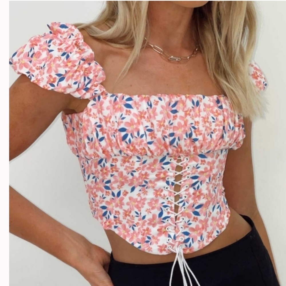 Princess Polly Harry Floral Corset Cap Sleeve Cropped Crop Top